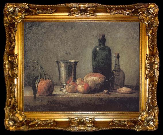 framed  Jean Baptiste Simeon Chardin Orange silver apple pears and two glasses of wine bottles, ta009-2